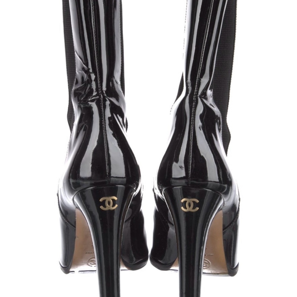 Chanel Black Patent Leather Heeled Boots